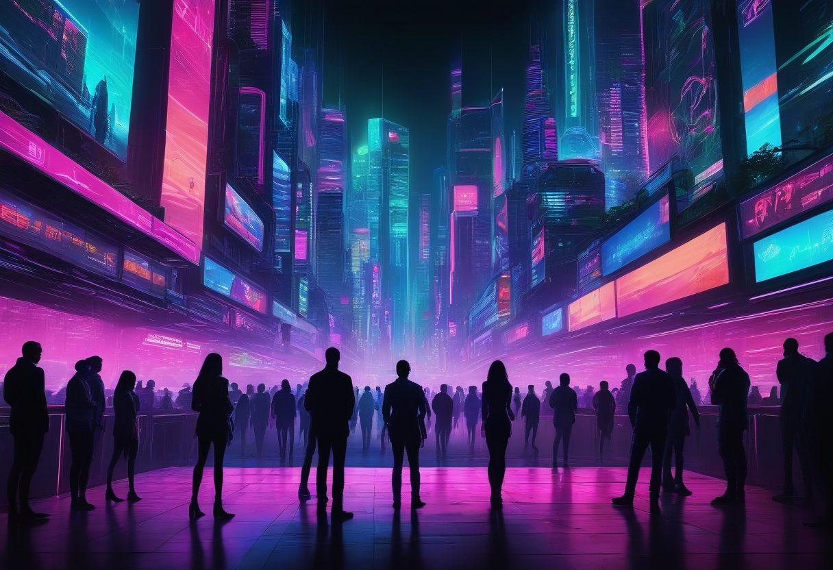 An artistic representation of a futuristic city skyline illuminated by neon lights, with silhouettes of diverse individuals engaging in virtual experiences on holographic screens. The scene conveys a blend of technology and human connection, symbolizing the evolution of adult entertainment. Incorporate elements of digital intimacy, like glowing hearts and interconnected networks, to enhance the theme. cyberpunk. vibrant colors. 3D.